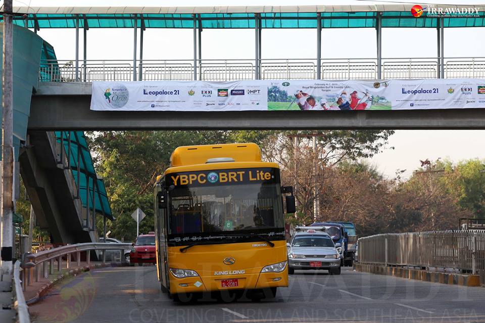 Rangoon’s shiny new BRT buses, introduced in February this year. (Photo: Pyay Kyaw / The Irrawaddy)