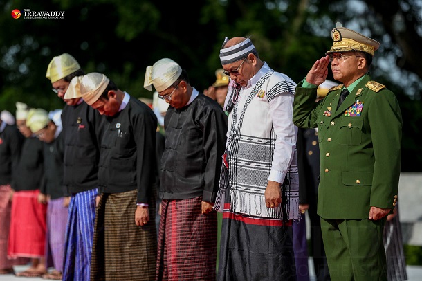 Army chief Snr-Gen Min Aung Hlaing and parliament speakers pay respect to Gen Aung San and his eight colleagues at the Martyrs’ Mausoleum in Rangoon. (Photo: Pyay Kyaw / The Irrawaddy) 