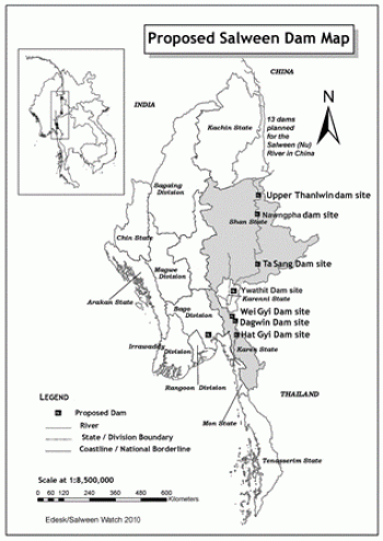 A map shows the location of the dam sites situated along the Salween River in eastern Burma (Photo: Salween Watch)