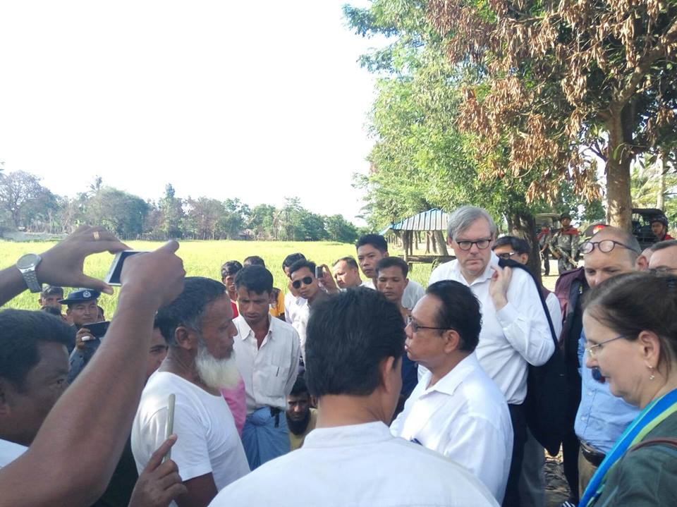 Foreign Ambassadors and United Nations officials meet residents of rural Maungdaw township. (Photo RCM / Facebook)