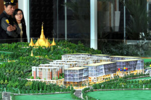 A model of part of the planned Dagon City 1 project near the Shwedagon Pagoda. (Photo: Steve Tickner / The Irrawaddy)