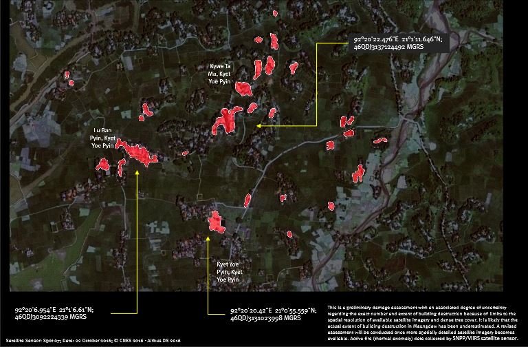 Satellite imagery purports to show areas of fire damage in Maungdaw Township (Photo: Human Rights Watch)