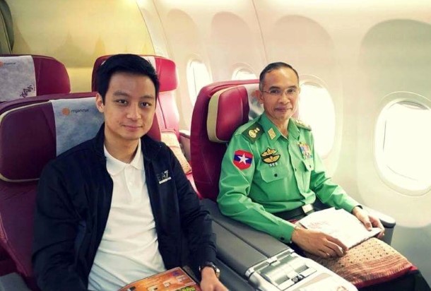 Lt-Gen Sein Win, the country’s Defense Minister, with Snr-Gen Than Shwe's grandson Nay Shwe Thway Aung on a passenger plane. (Photo: Nay Shwe Thway Aung / Facebook)