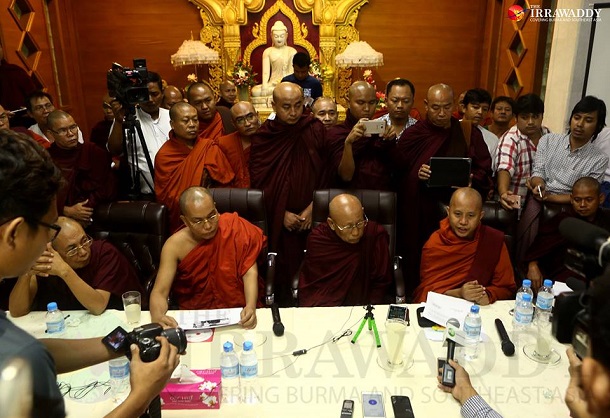 In response to Rangoon Chief Minister Phyo Min Thein’s recent criticism of Ma Ba Tha, the Buddhist monks heading the ultra-nationalist organization held an urgent meeting and press conference on Thursday calling for action to be taken against the Rangoon regional leader. (Photos: Myo Min Soe / The Irrawaddy)