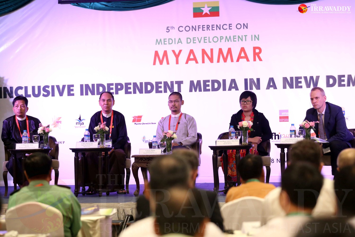 A panel speaks at the fifth media development conference in Rangoon on Monday.
