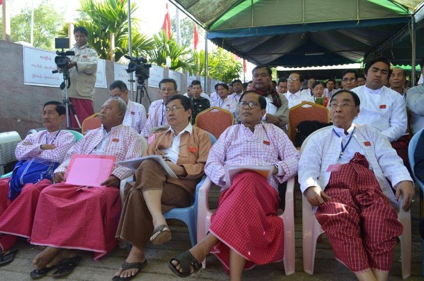 Nai Thet Lwin, far right, at a meeting. (Photo: Mon National Party)