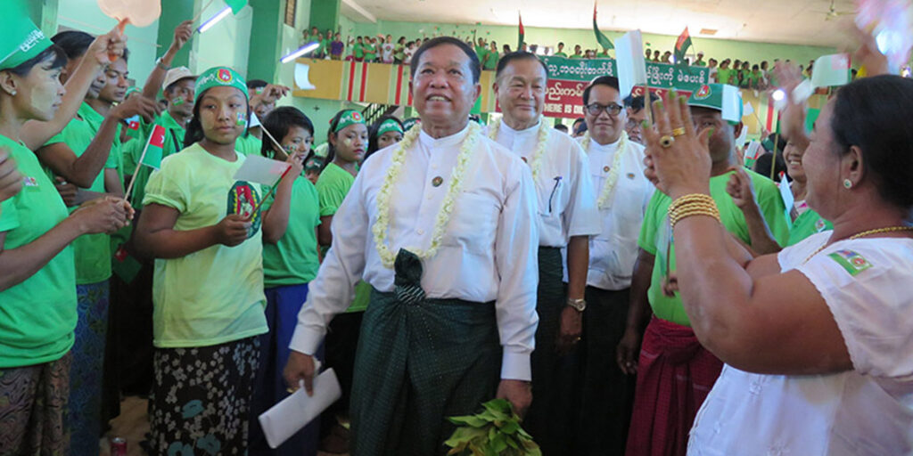 Ohn Myint, the incumbent chief minister of Mon State, at Mudon’s Shwe Hinthar hall in Mon State on Friday where he gave a speech to supporters. (Yen Snaing / The Irrawaddy)
