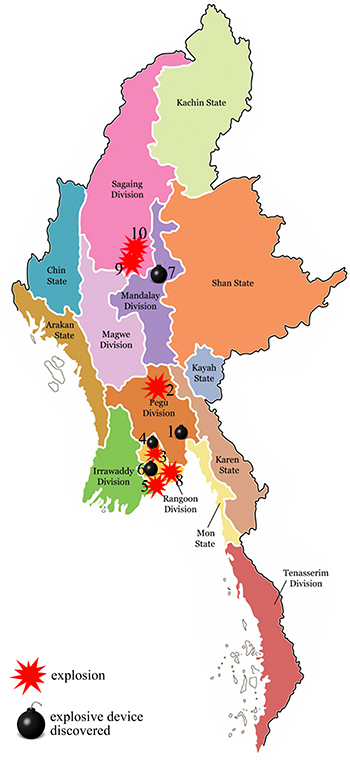 A map showing bomb incidents in Burma since Oct. 9. (Image: The Irrawaddy)